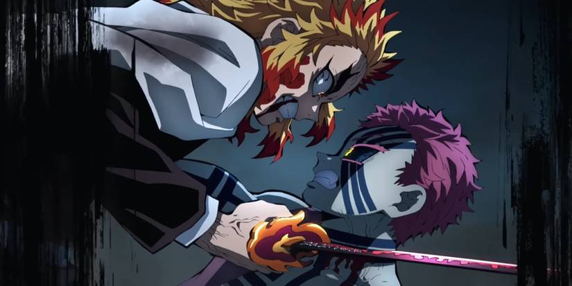 Demon Slayer Mugen Train moment where a bloody Rengoku holds his sword to Akaza's throat.