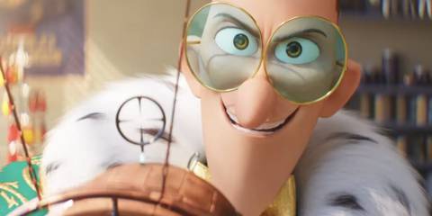 Despicable Me 4's Maxime Le Mal smirks while pointing a gun