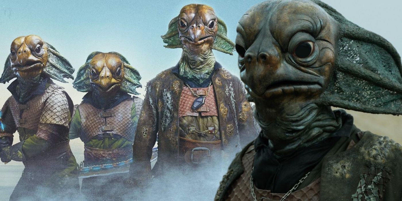 A composite image of a Sea Devil in closeup in front of three Sea devils standing together in Doctor Who