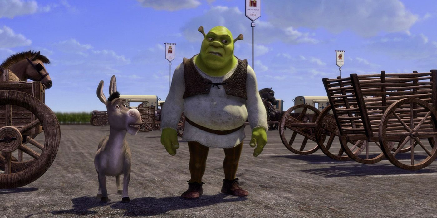 Shrek looks perplexed as he walks with Donkey in Shrek