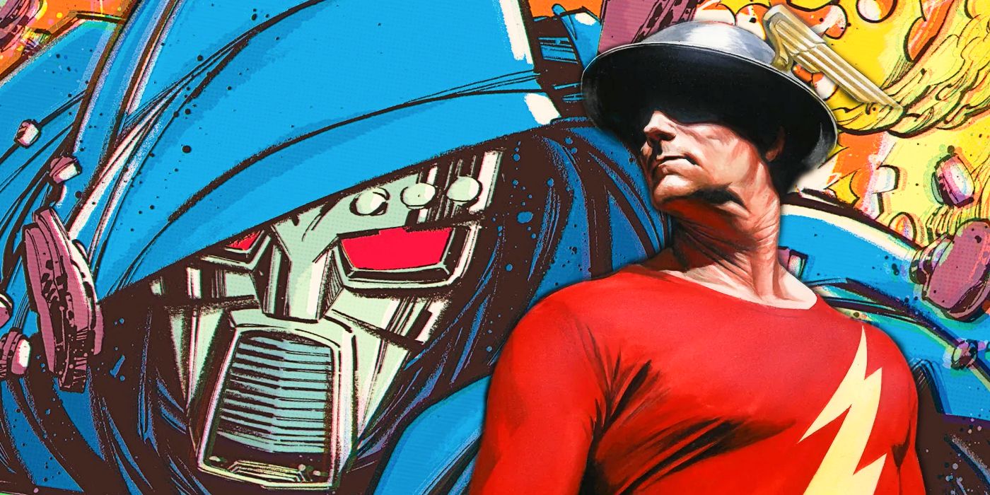 Dr Elemental&rsquo;s hideous metal mask looms large on the left; on the right, Jay Garrick stands heroically, his face masked in shadow from his domed helmet.