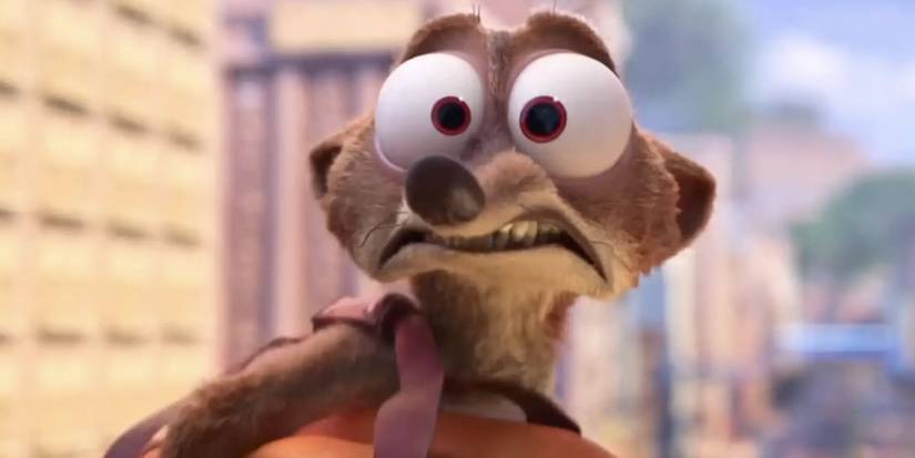 Duke Weaselton holding a bag and looking scared in Zootopia.