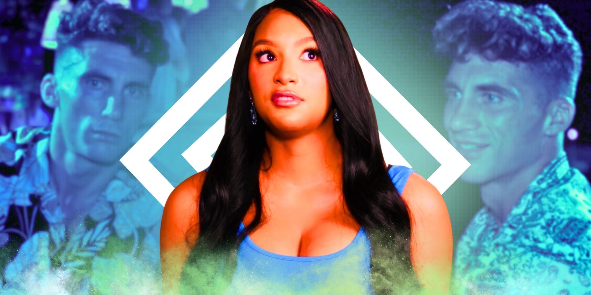 90 Day Fiancé Chantel Everett wearing blue dress with wishful look & Giannis in the background