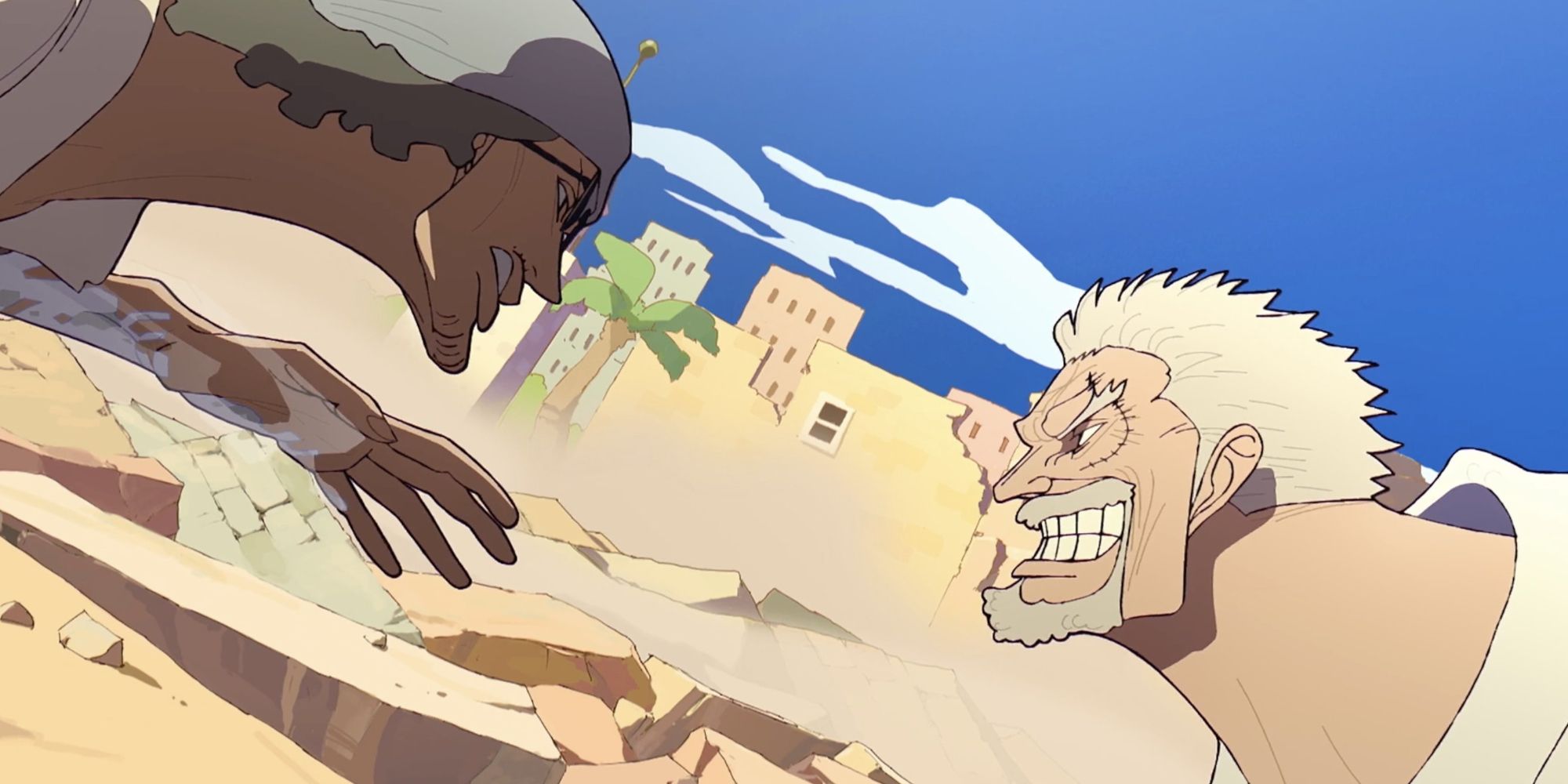 Screenshot from One Piece opening 26 shows a smiling Garp rushing towards a determined looking Kuzan with Pirate island in the background.