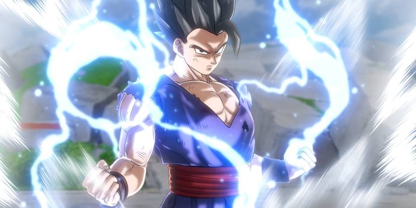 Gohan prepares for battle as blue sparks flow from his body.