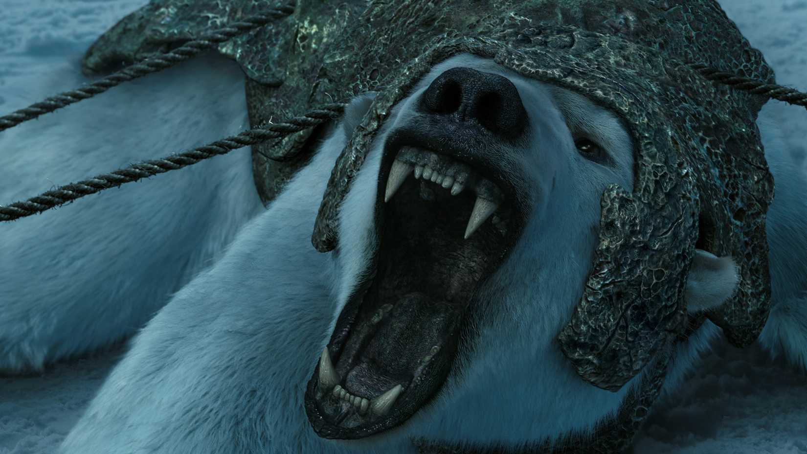 Um urso polar rugindo em The Golden Compass