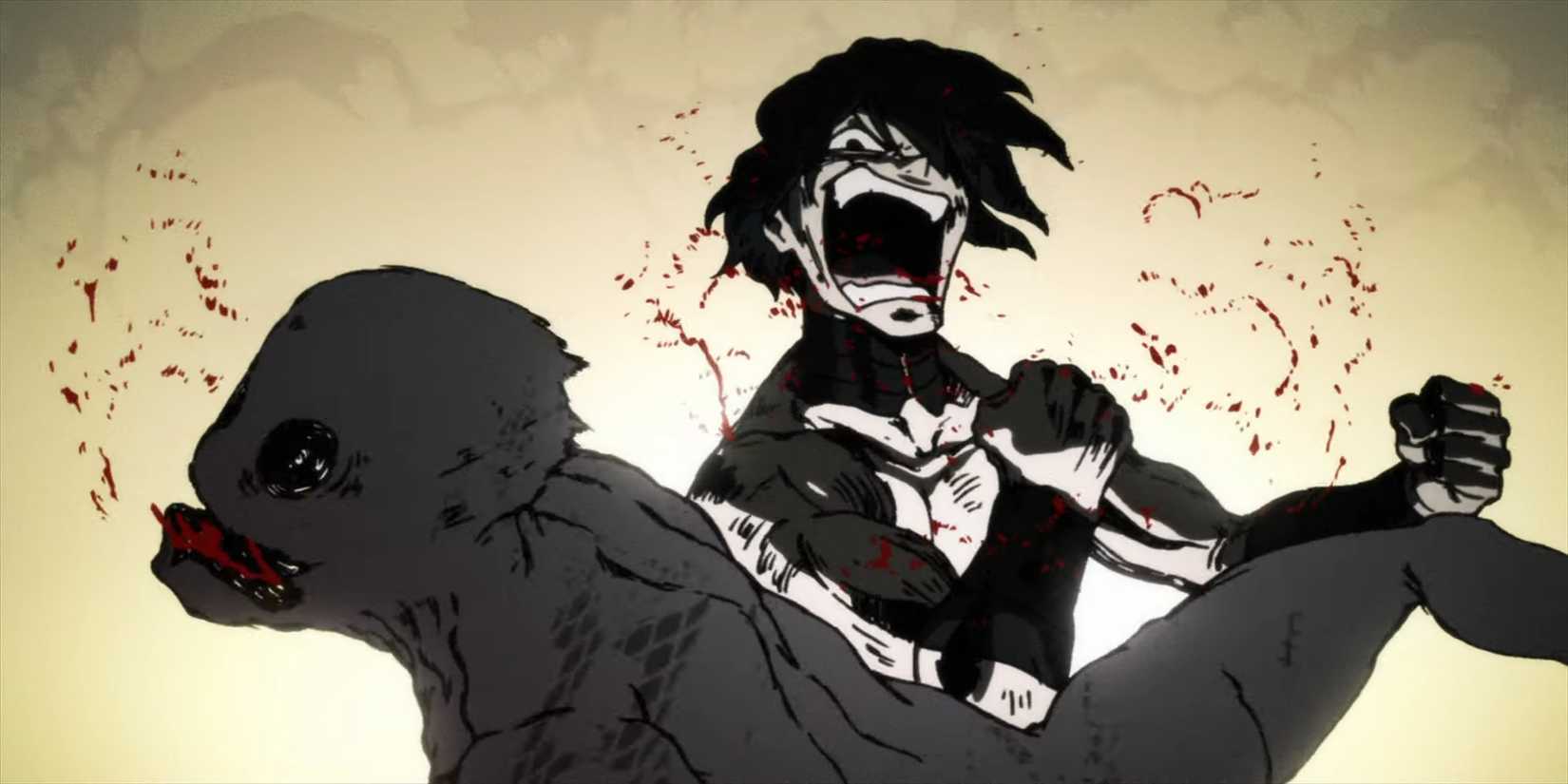 Gurren Lagann Movie 2 Simon Anti Spiral punching scene with a sketchy, black and white color palette.
