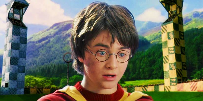 Daniel Radcliffe looking shocked as Harry Potter looking shocked while playing Quidditch