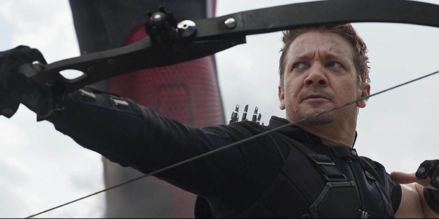 Jeremy Renner as Hawkeye firing an arrow in Captain America: Civil War