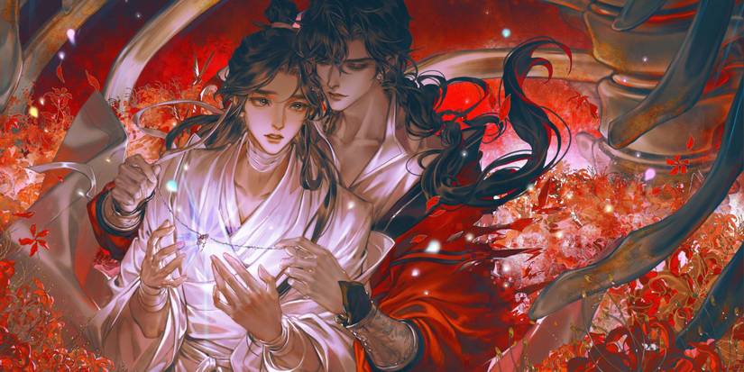 Heaven Official's Blessing Cheng Hua and Lian Xie with a glowing pendant in a field of flowers