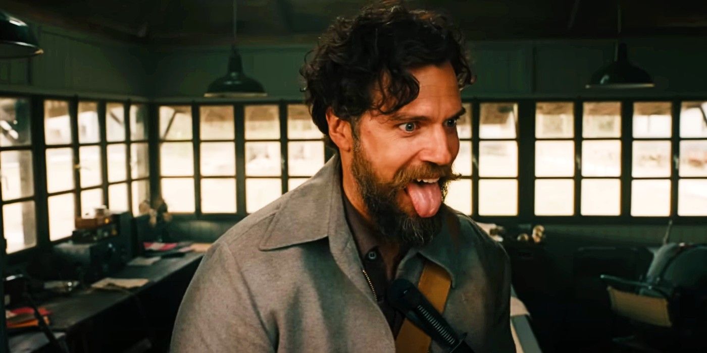 Henry Cavill as Gus March-Phillipps sticks out his tongue in The Ministry of Ungentlemanly Warfare.