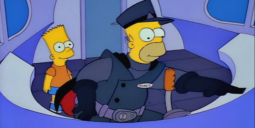 Homer controlling the monorail while Bart stands behind him in The Simpsons Marge vs the Monorail