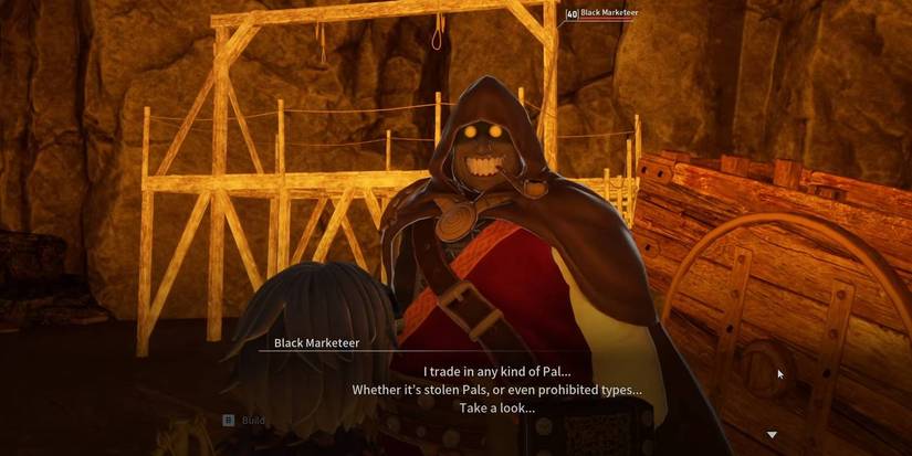 Palworld Black Marketeer vendor offering illegal trading of Pals and other stolen goods