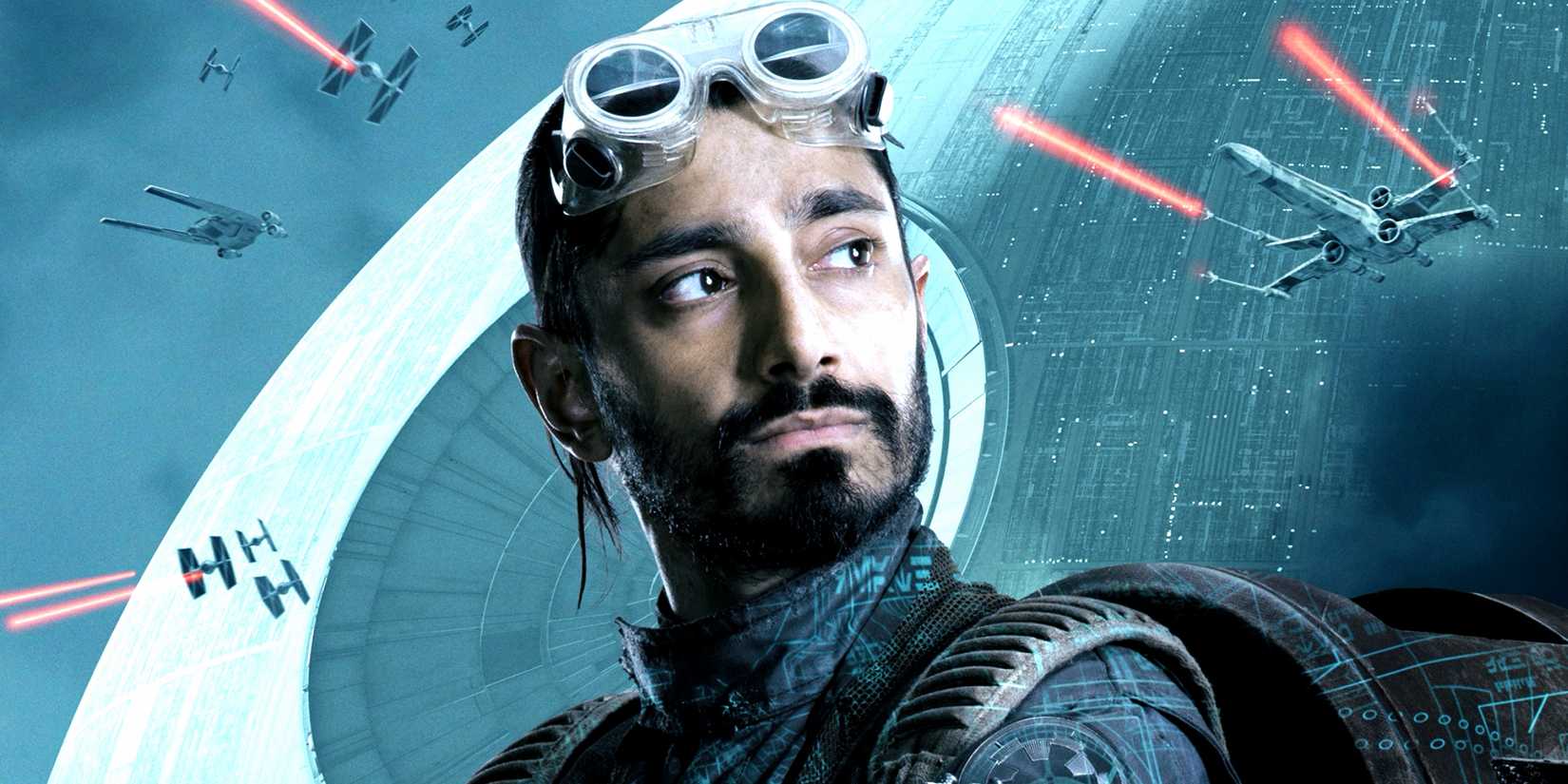 Riz Ahmed as Bodhi Rook in a poster for Rogue One: A Star Wars Story