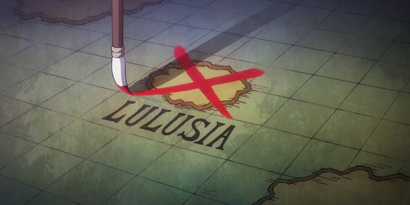 Imu crossing out Lulusia on a map with a red cross over it in One Piece