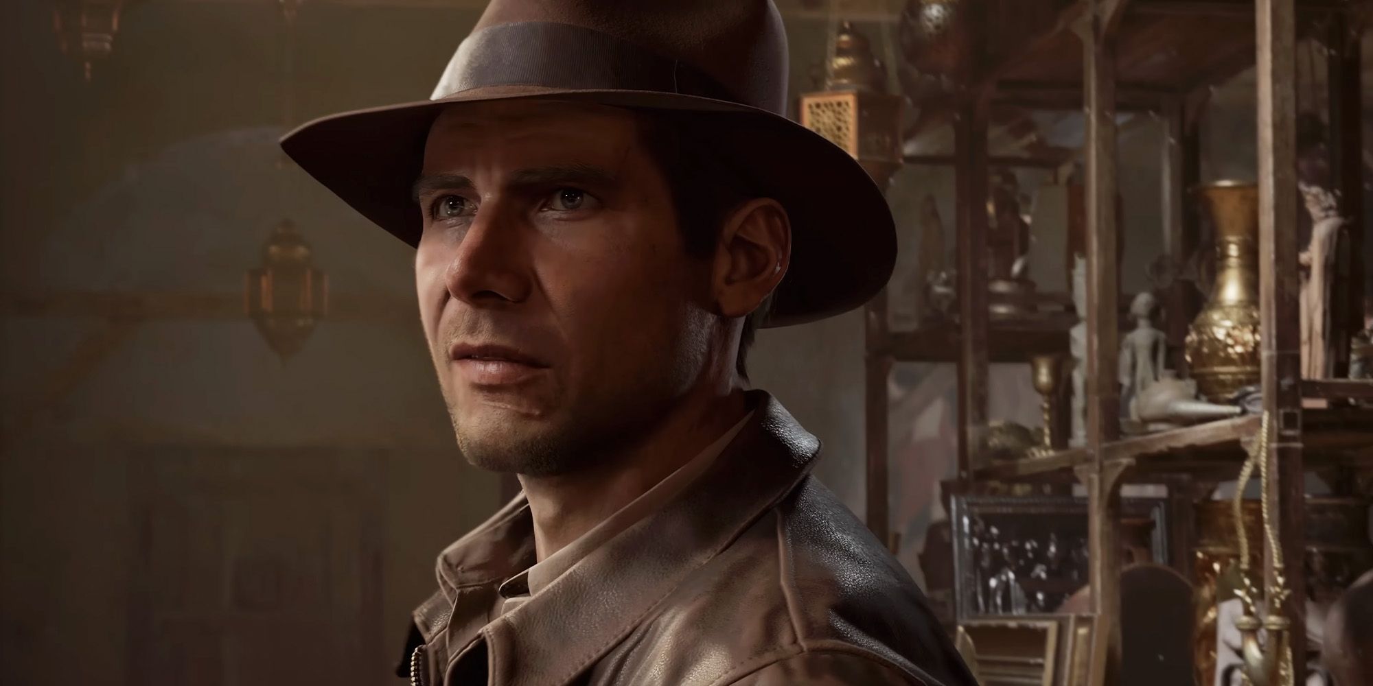 Indiana Jones surrounded by artifacts in the Indiana Jones and the Great Circle game