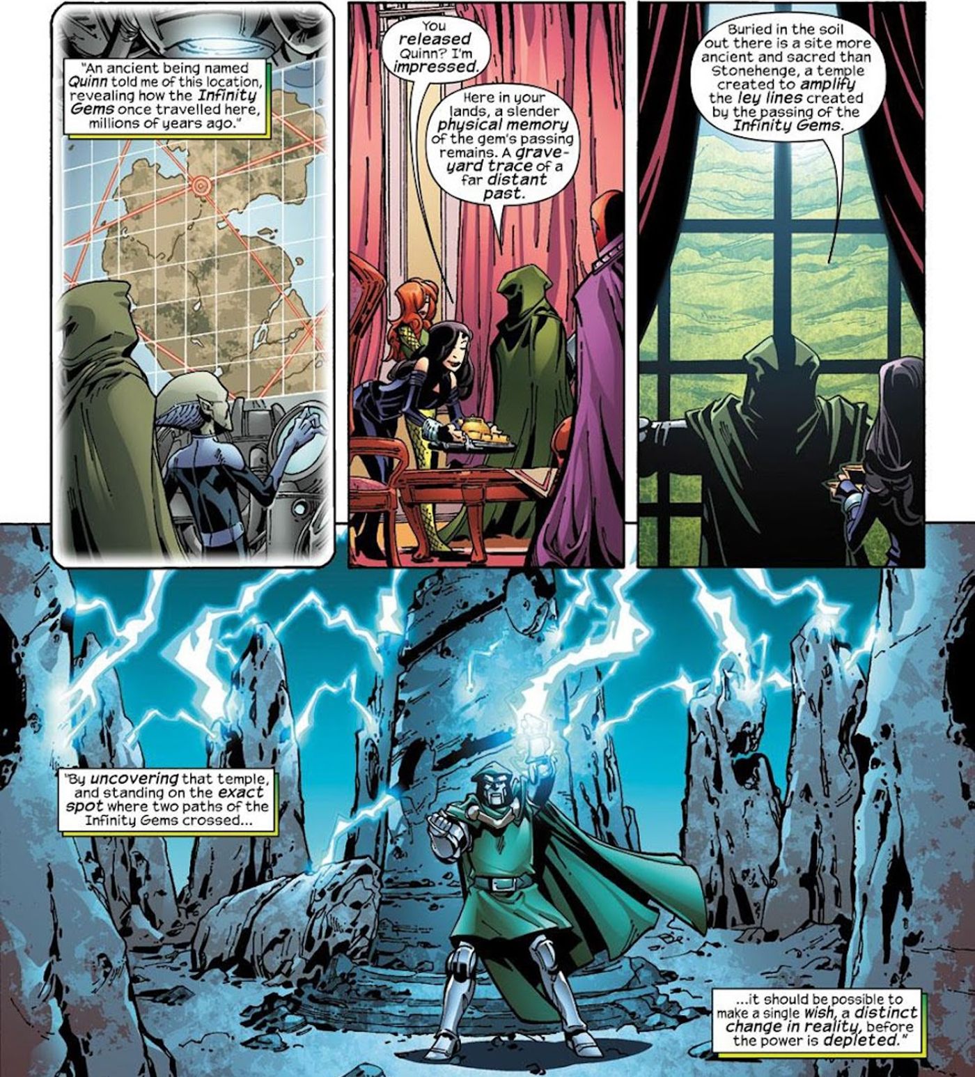 Doctor Doom explains that the paths where Infinity Gems cross grants a wish. 