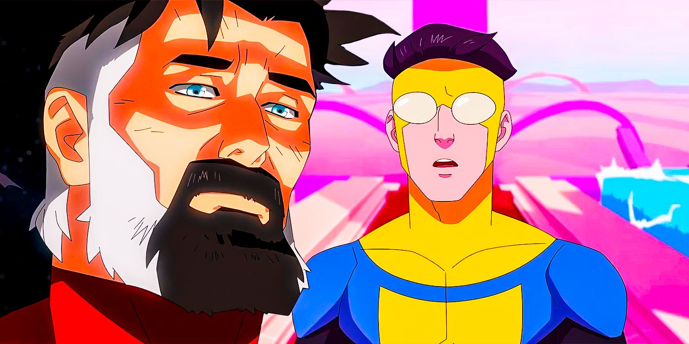 Omni-Man parece triste com barba e Mark Grayson vestido de Invincible em Invincible