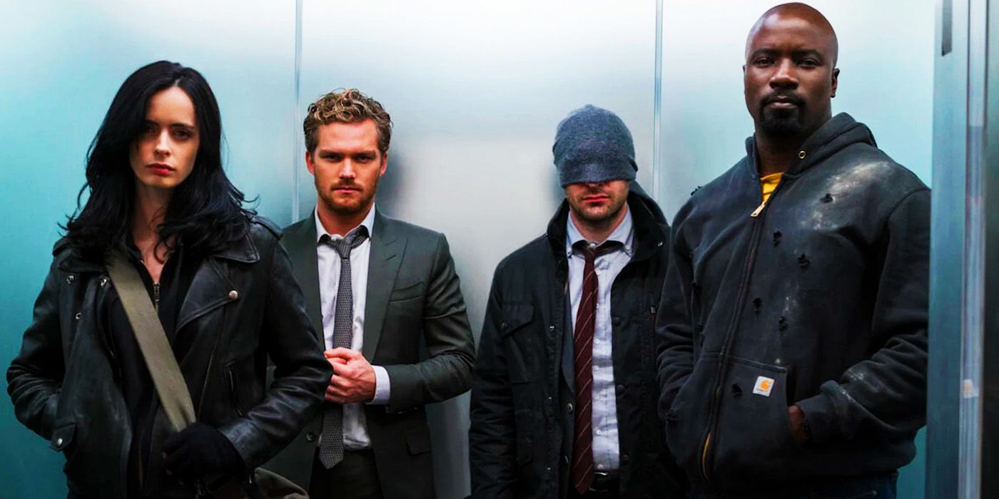 Jessica Jones, Danny Rand, Matt Murdock and Luke Cage stool in an elevator as the Defenders