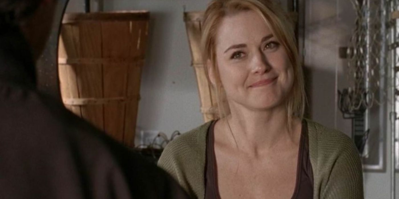 Jessie (Alexandra Breckenridge) smiling at a man in The Walking Dead
