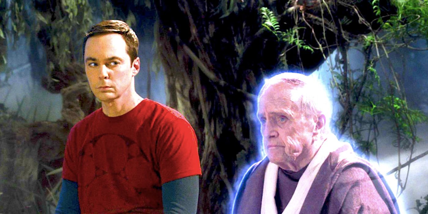 Jim Parsons' Sheldon sits with Bob Newhart's Professor Proton dressed as Obi Wan in a swamp in The Big Bang Theory