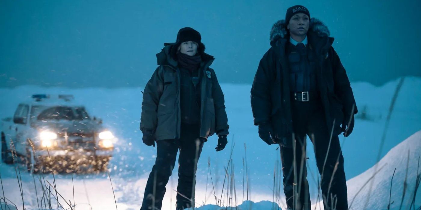 Jodie Foster as Danvers and Kali Reis as Navarro stare into a snowy landscape in True Detective season 4