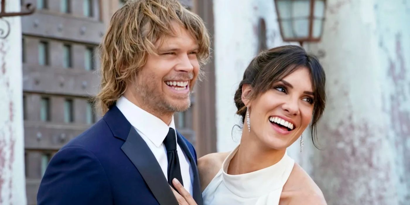 Kensi (Daniela Ruah) and Deeks (Eric Christian Olsen) smiling after getting married in NCIS LA season 10 episode 17.