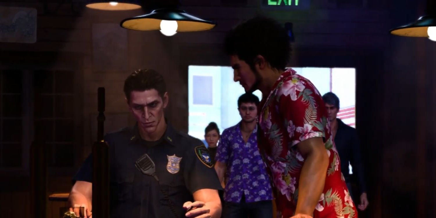 Kasuga confronts Roman, a sneering police officer, at a bar in a screenshot from Like a Dragon: Infinite Wealth.