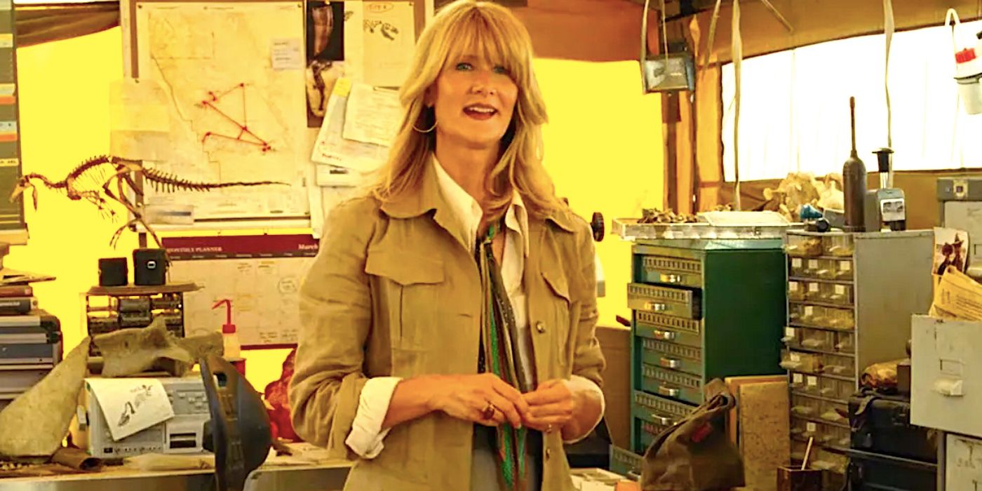 Laura Dern's Dr Ellie Sattler standing in a makeshift office in Jurassic World Dominion