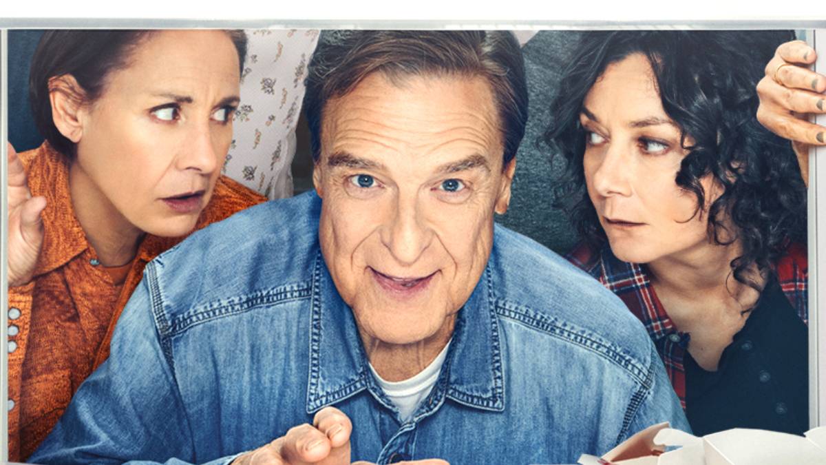 Laurie Metcalf as Jackie, John Goodman as Dan, and Sara Gilbert as Darlene in The Conners season 6 poster