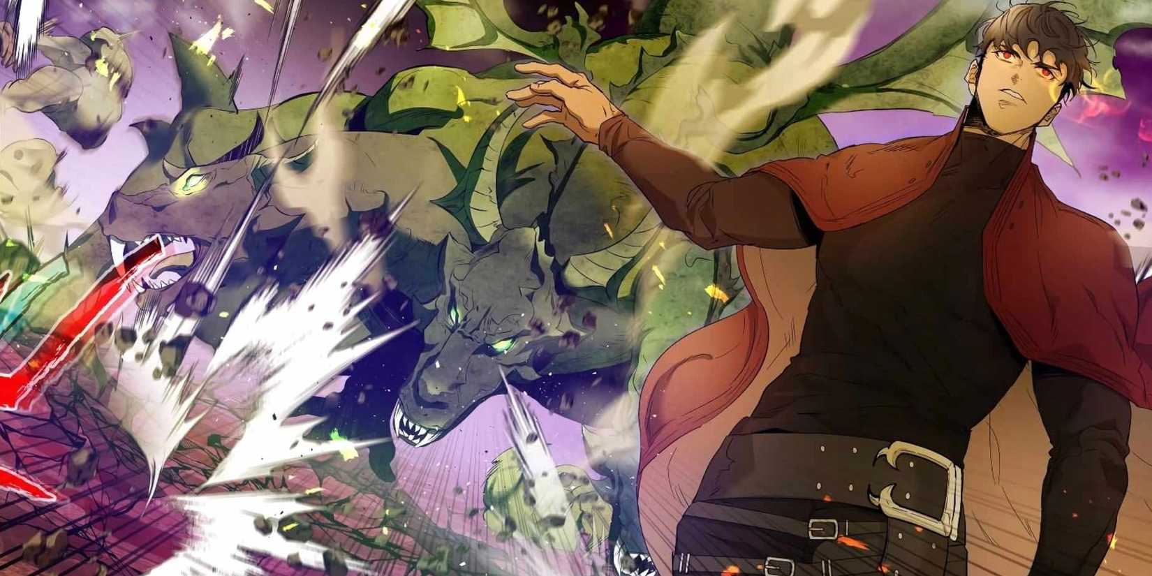 Kim Yuwon in the manhwa Level Up with the Gods dominates a chimera in the tutorial.