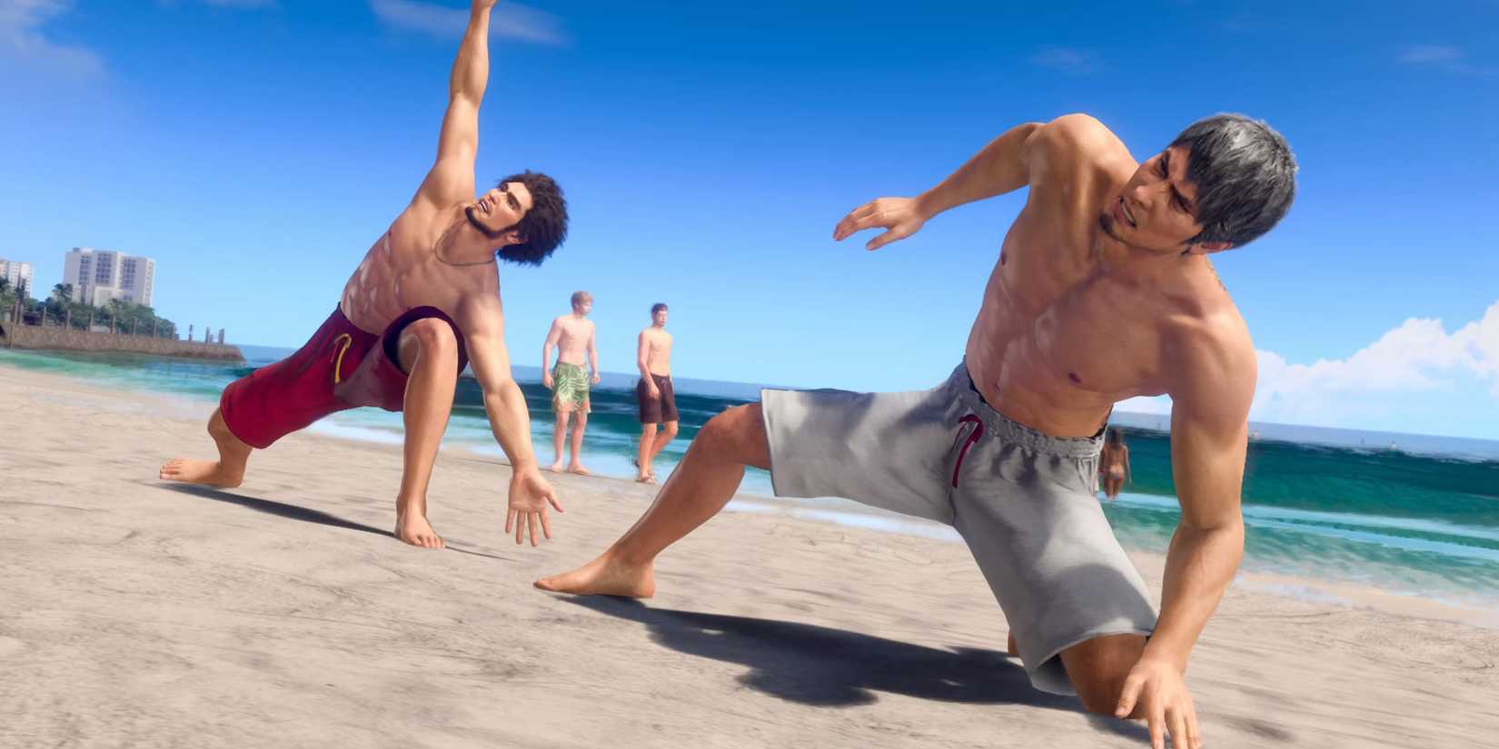 Like a Dragon Infinite Wealth, doing yoga on the beach. 