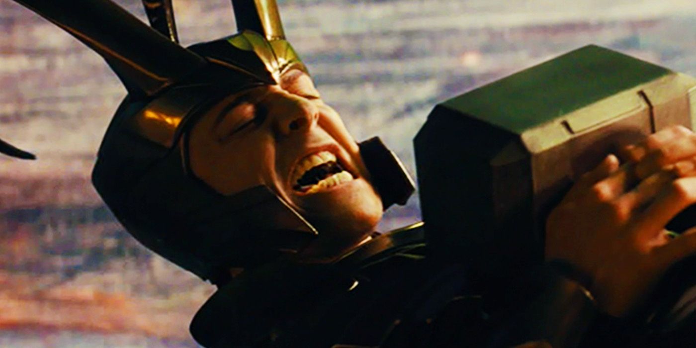 Tom Hiddleston as Loki trapped by Mjolnir on the Bifrost in Thor (2011)