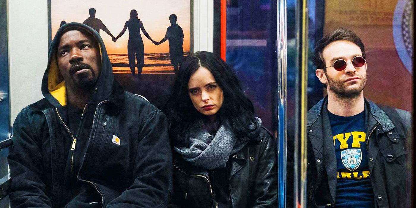 Luke Cage, Jessica Jones and Matt Murdock on a train in Netflix's The Defenders