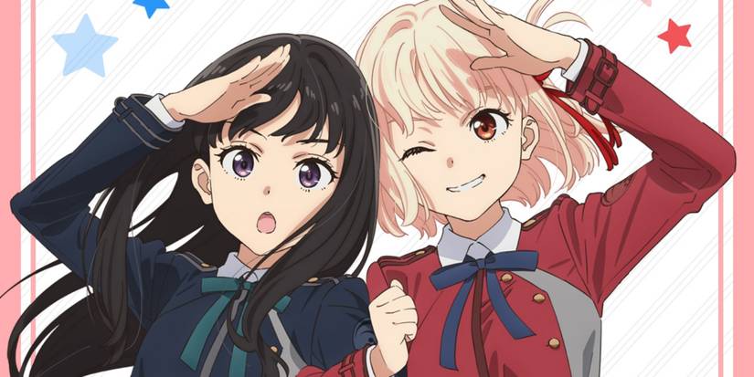 Lycoris Recoil Chisato Nishikigi and Takina Inoue saluting together while winking towards the camera