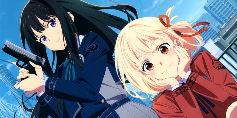 Lycoris Recoil Takina Inoue holding a gun ready to fight while Chisato Nishikigi is peacefully smiling