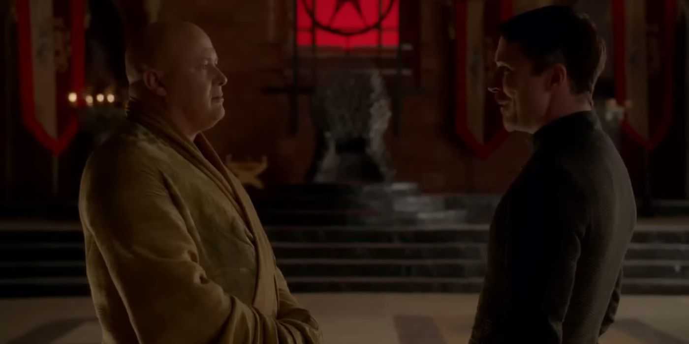 Varys and Littlefinger talking in front of the Iron Throne in Game of Thrones.
