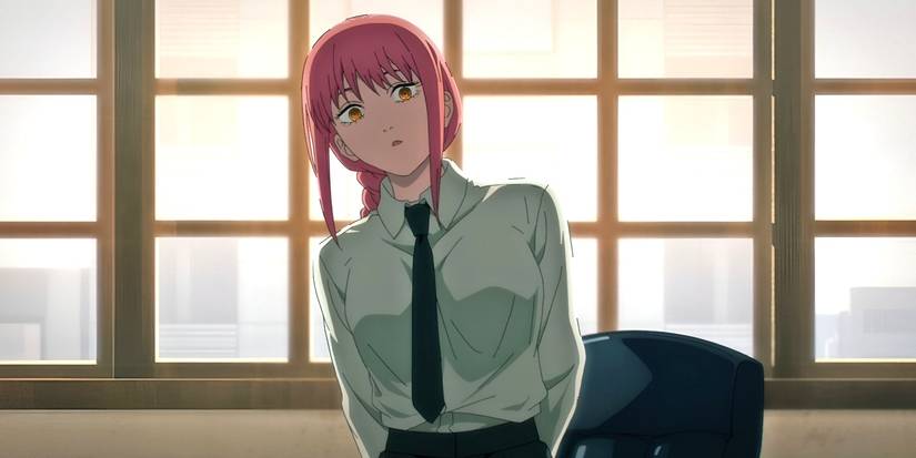 A woman with pink hair wearing a white shirt and tie leans to the side while looking interested.