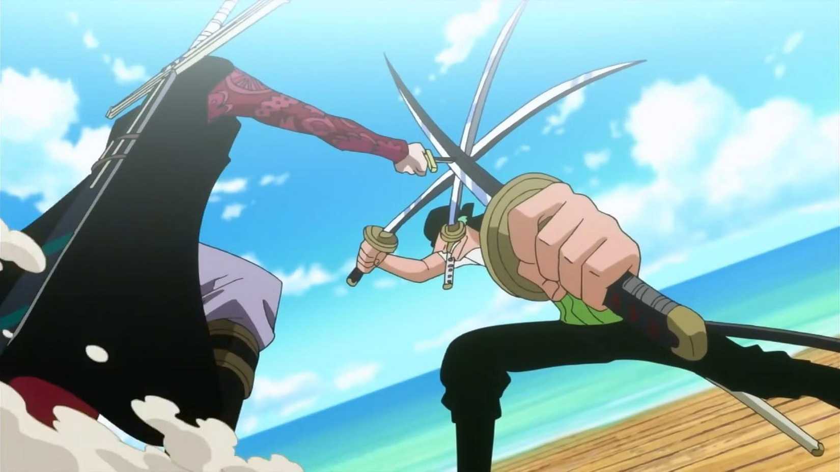 Screenshot de One Piece mostra Mihawk bloqueando o ataque de três espadas de Zoro com uma lâmina pequena.