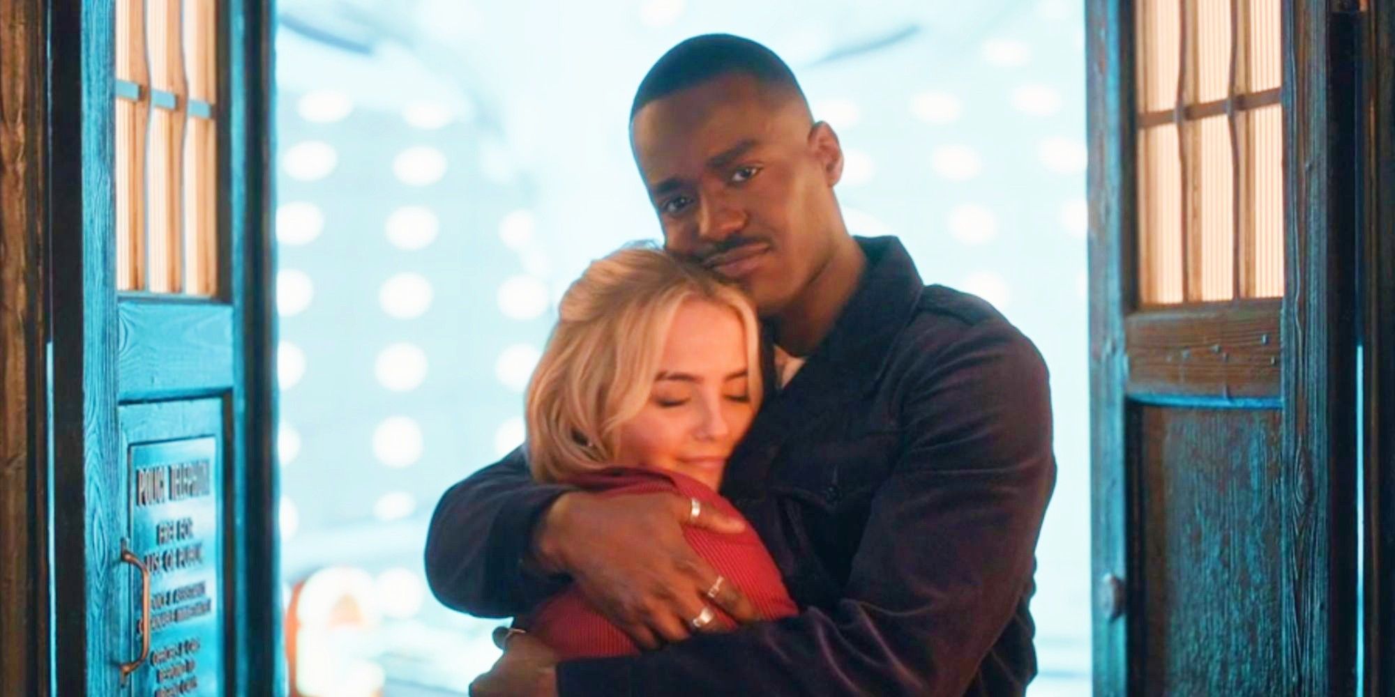 Millie Gibson and Ncuti Gatwa as Ruby Sunday and the Fifteenth Doctor hugging in Doctor Who.
