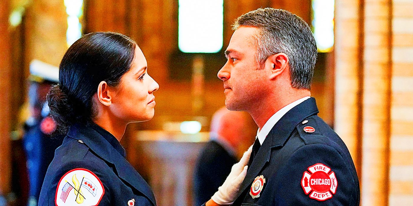 Miranda Rae Mayo as Stella Kidd and Taylor Kinney as Kelly Severide looking at each other in Chicago Fire