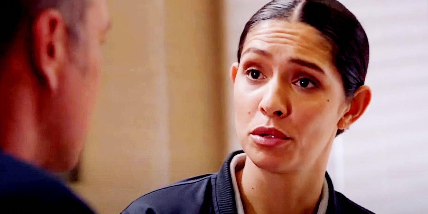 Miranda Rae Mayo as Stella Kidd talking to Severide in Chicago Fire season 12