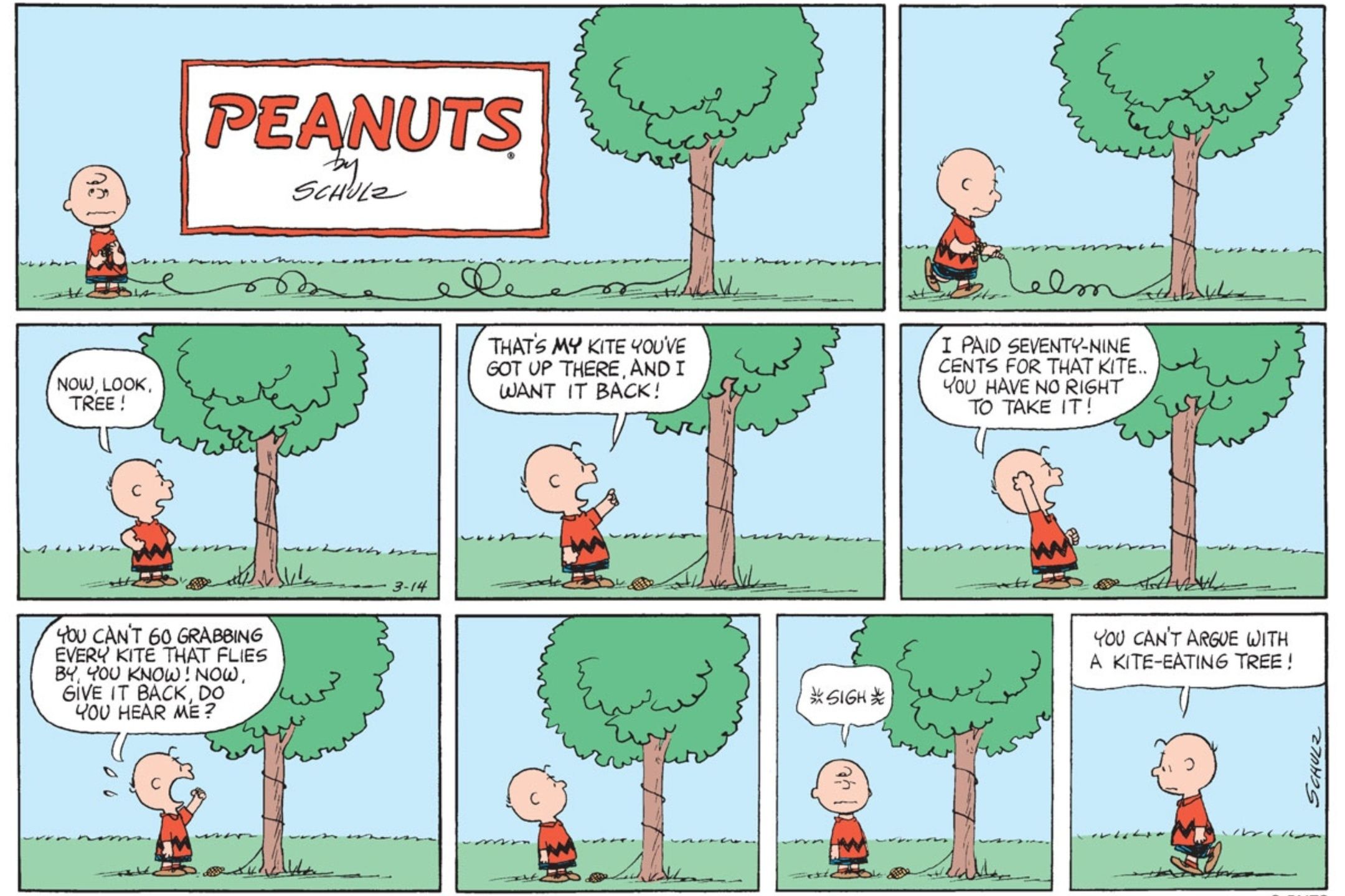 Charlie Brown and the Kite Eating Tree in Peanuts.