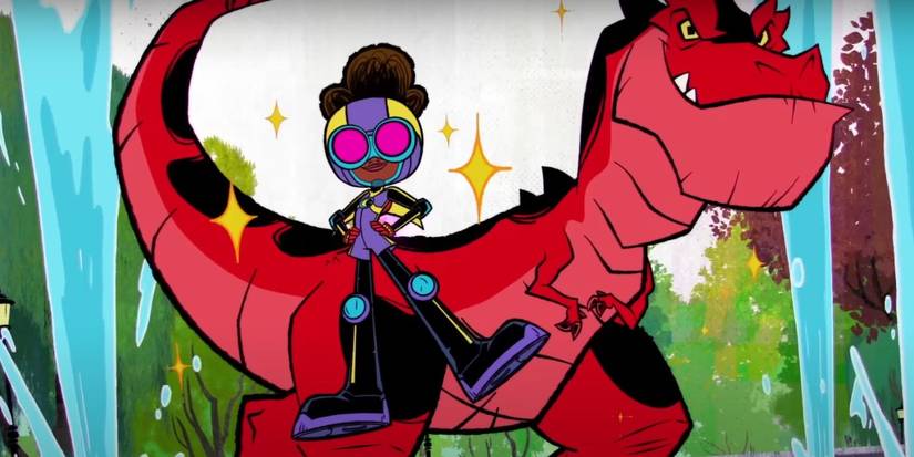 Animated Moon Girl flying with arms akimbo while Devil Dinosaur grins.
