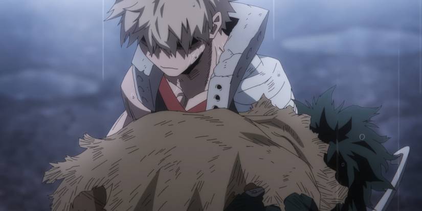 Bakugo catching Deku in the rain in My Hero Academia season 6