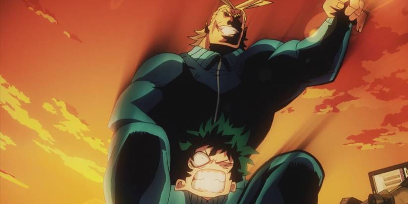 mha My Hero Academia All Might sits on Deku's shoulders to train him.