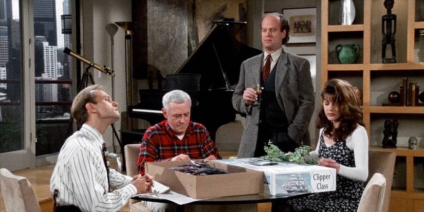 Niles, Martin, Frasier, and Daphne at the breakfast table in Frasier.