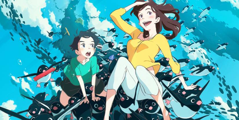 Penguin Highway promotional art featuring protagonists Lady and Aoyama riding a way of floating penguins