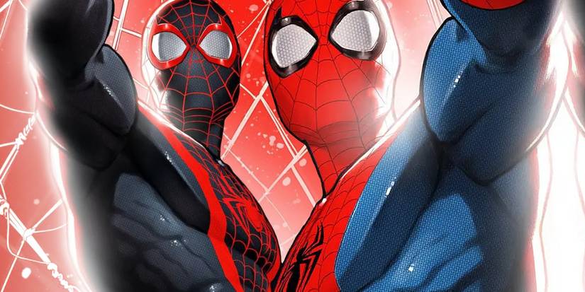 Miles Morales as Spider-Man (left) and Peter Parker in his classic costume (right) raising their arms in triumph
