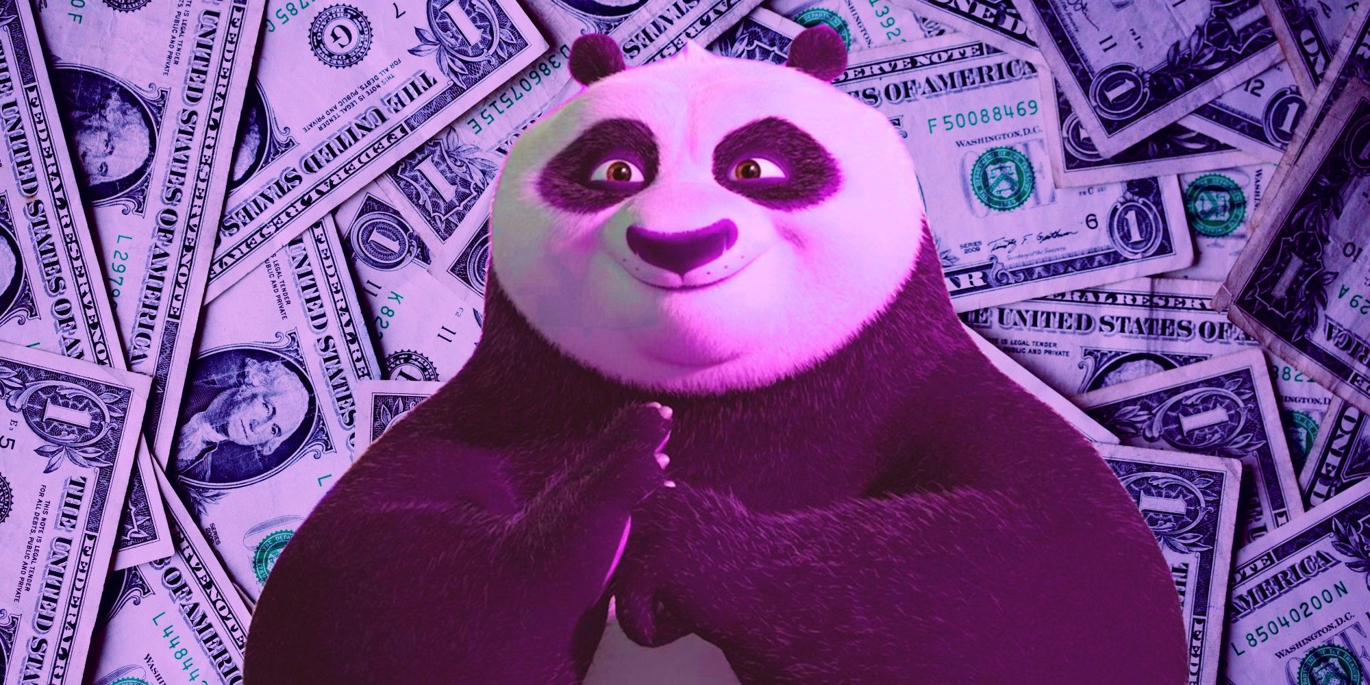 По (Джек Блэк) из "Кунг-фу Панда", улыбающийся, окруженный деньгами
